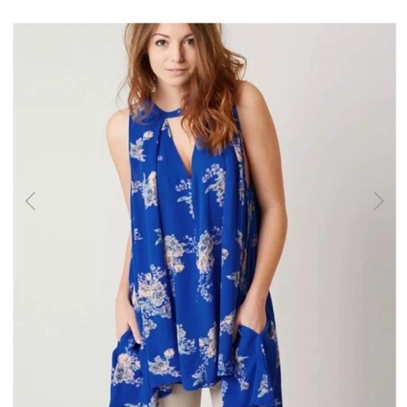Free People Tree Swing Sleeveless Tunic Top Mini Dress Blue Floral Oversized XS - Picture 1 of 7